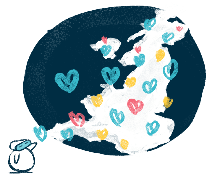 An illustration of the UK and a network of hearts
