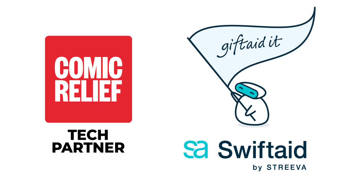 Comic Relief Tech Partner logo next to Swiftaid by Streeva logo and Swifty who is holding a Gift Aid flag