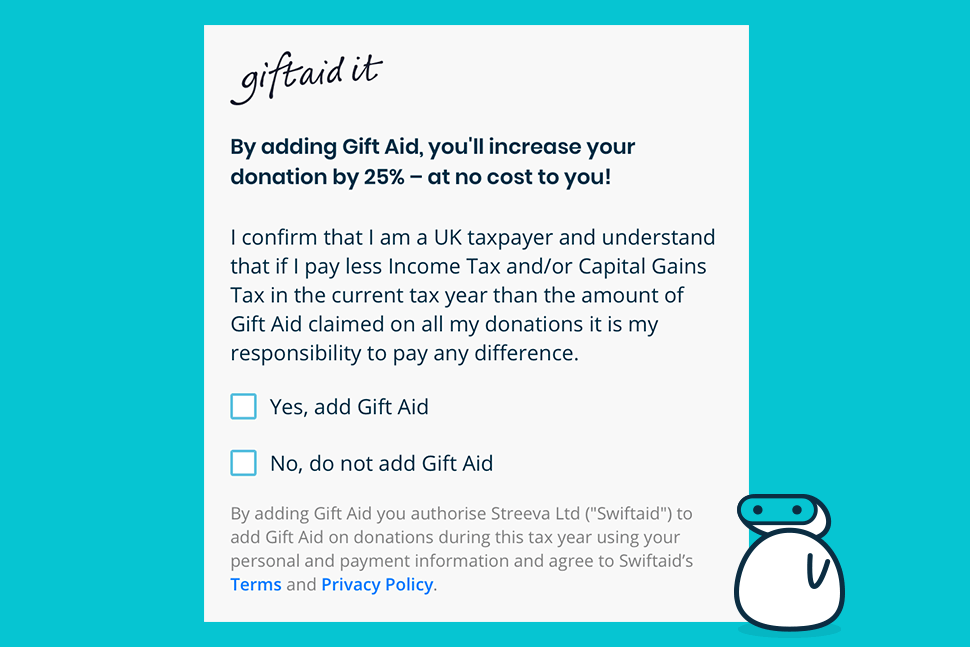 A checkbox on a web form to add Gift Aid