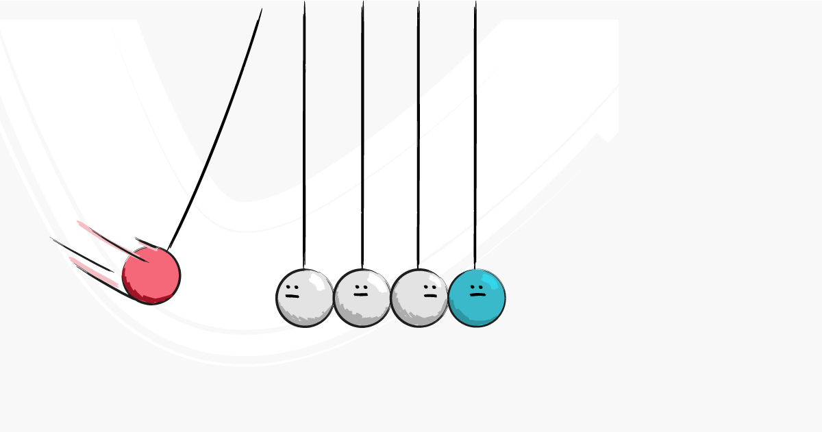 Newton's Cradle with a red ball (recession) about to hit the other balls