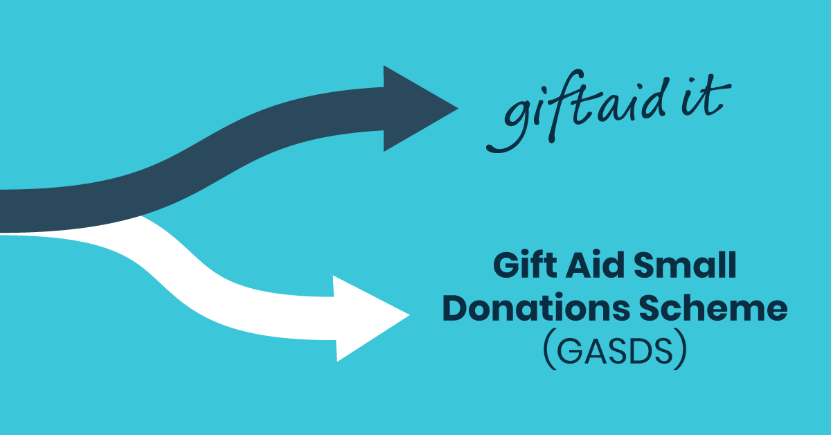 Two arrows start at same point and split to point at giftaid it logo and GASDS