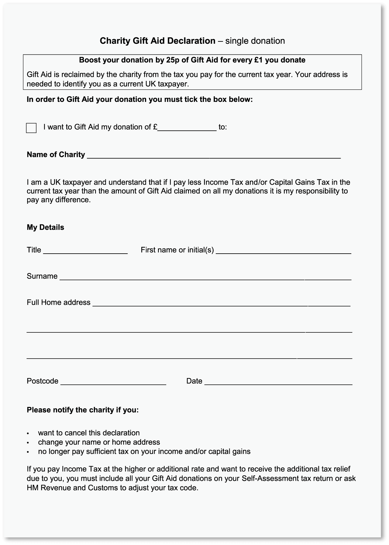 Image of a single Gift Aid declaration form