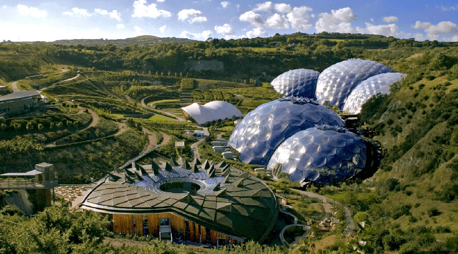 An arial photograph of The Eden Project in Cornwall, UK