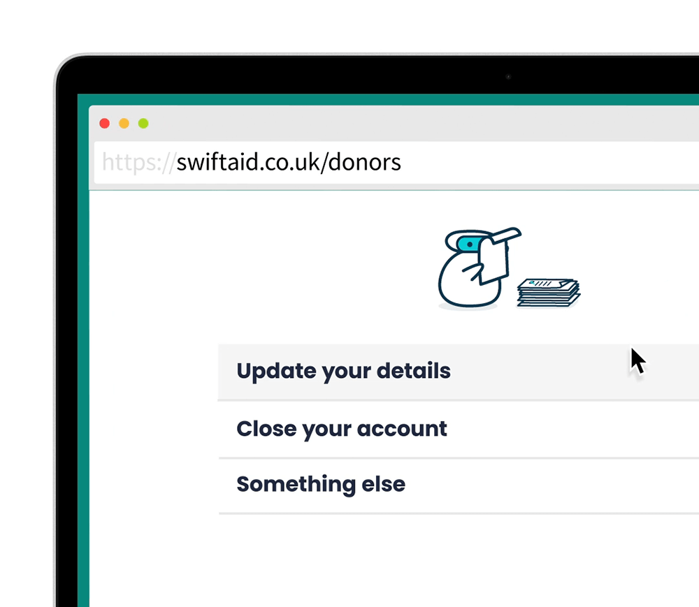 Portion of a laptop screen showing the Swiftaid website where you can update your details, close your account or make further enquiries