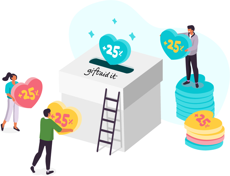 People adding heart shaped tokens to a giant Gift Aid box. Written on each token is +25%